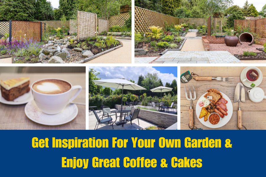 A selection of images of the Oxford Garden Centre Feature Garden and the patio and food from their cafe